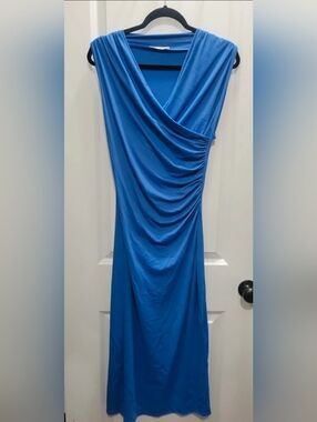 ZARA Sleeveless Blue Draped V-Neck Women’s Dress